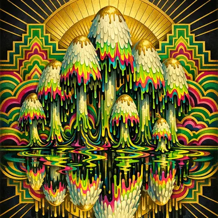 Inkcap Deliquescence — 1930s Art Deco poster × blotter psychedelia