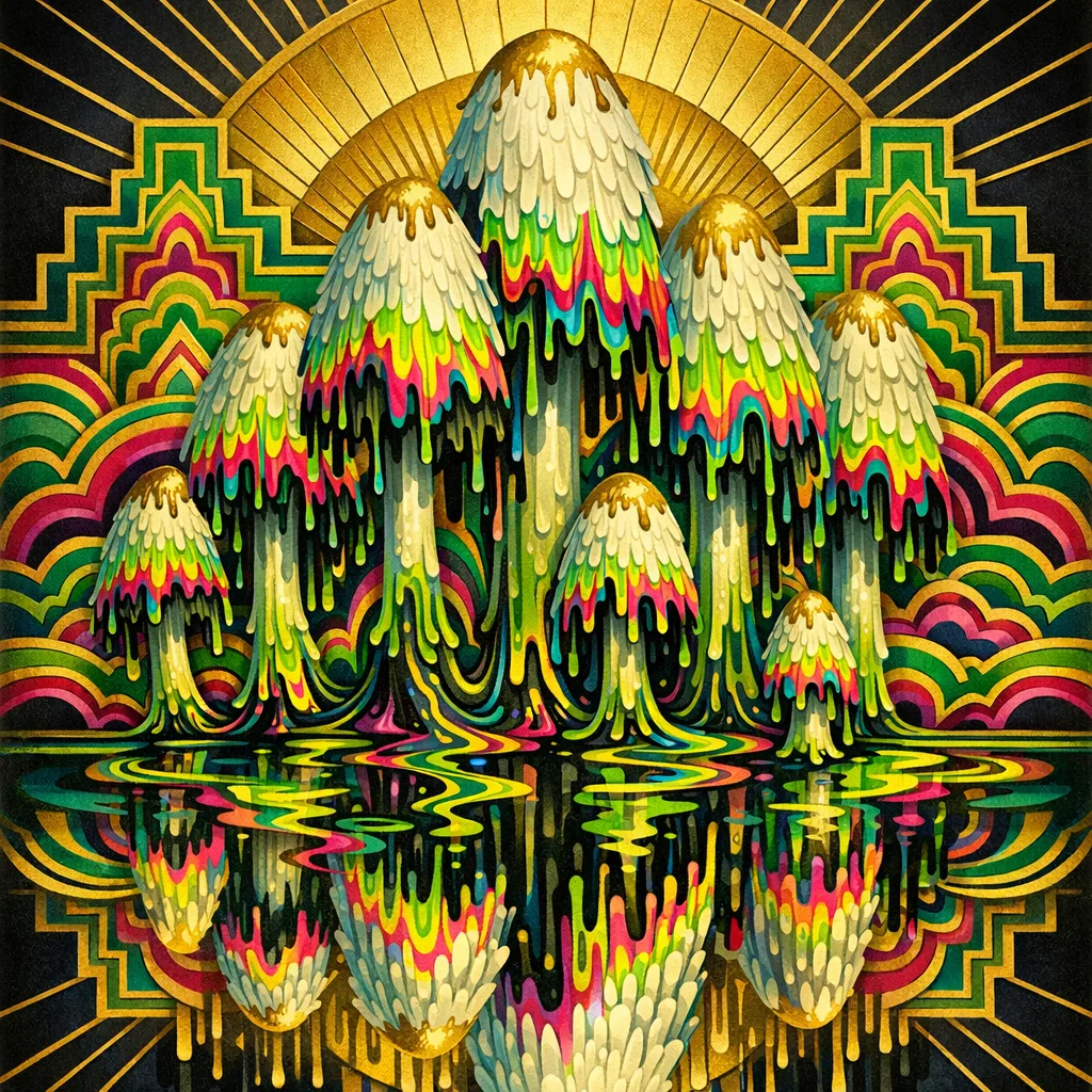 Inkcap Deliquescence — 1930s Art Deco poster × blotter psychedelia