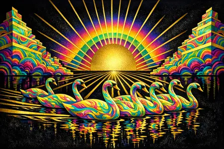 Swan Fleet — 1930s Art Deco poster × blotter psychedelia