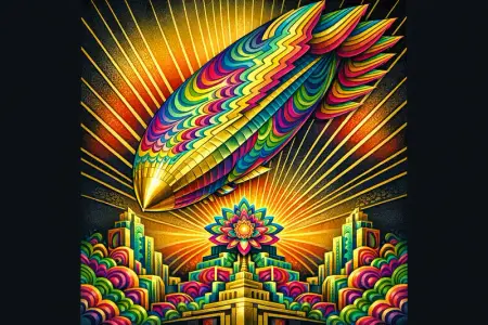 Zeppelin Hummingbird — 1930s Art Deco poster × blotter psychedelia