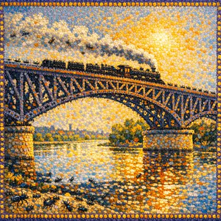 Bridge of Ants — Seurat pointillism × entomological swarms