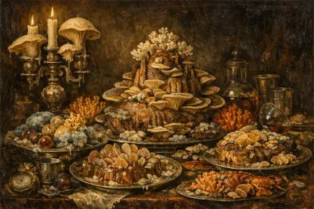 Banquet Bloom — Dutch Baroque still-life × mycology and decay