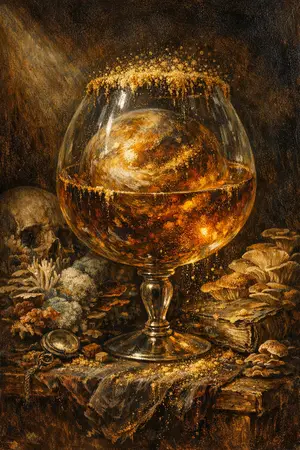 Brandy Snifter Planet — Dutch Baroque still-life × mycology and decay