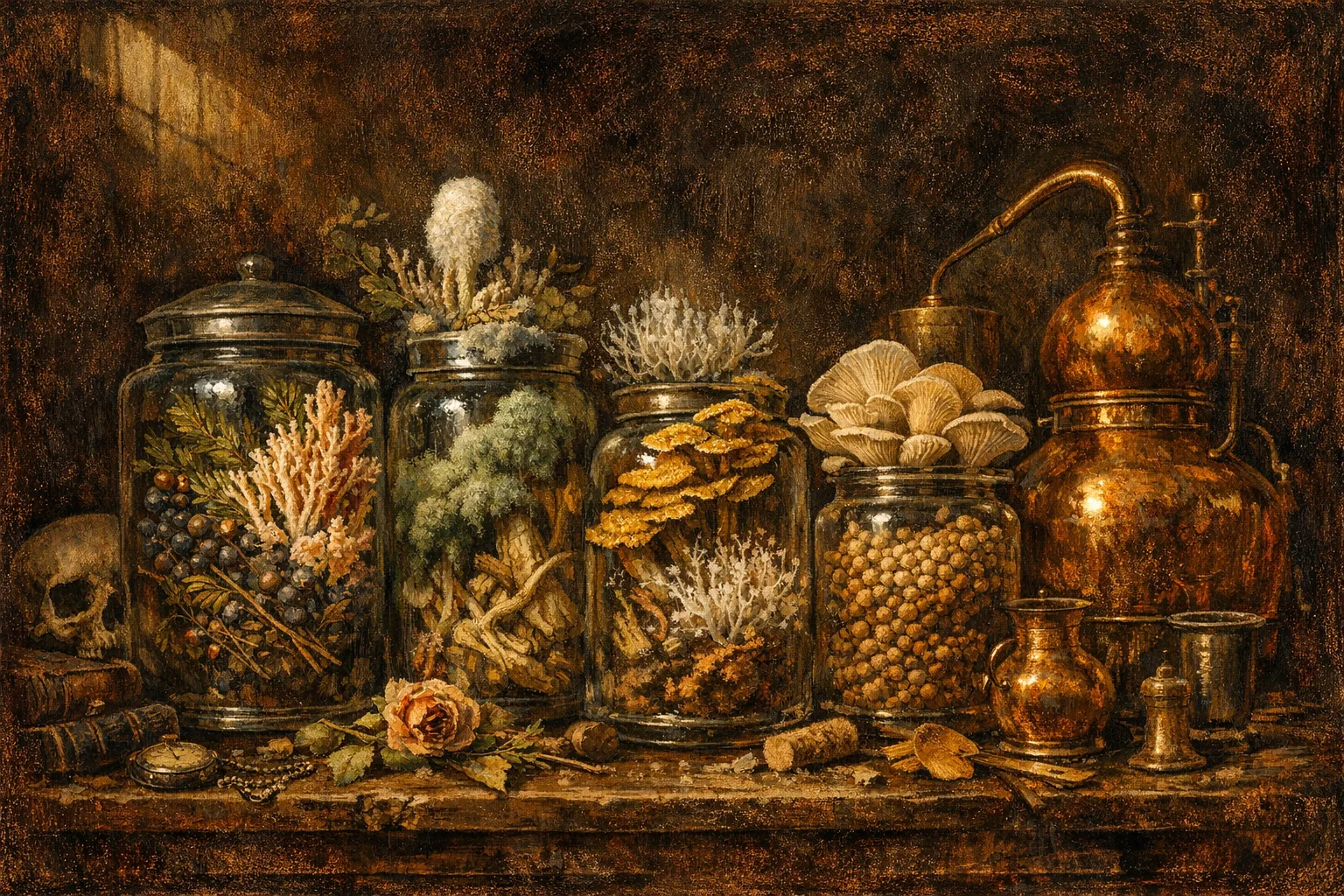 Gin Botanical Ossuary — Dutch Baroque still-life × mycology and decay