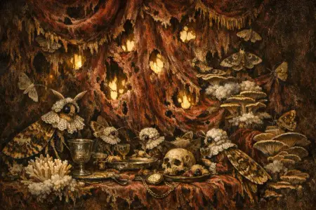 The Moth Feast — Dutch Baroque still-life × mycology and decay