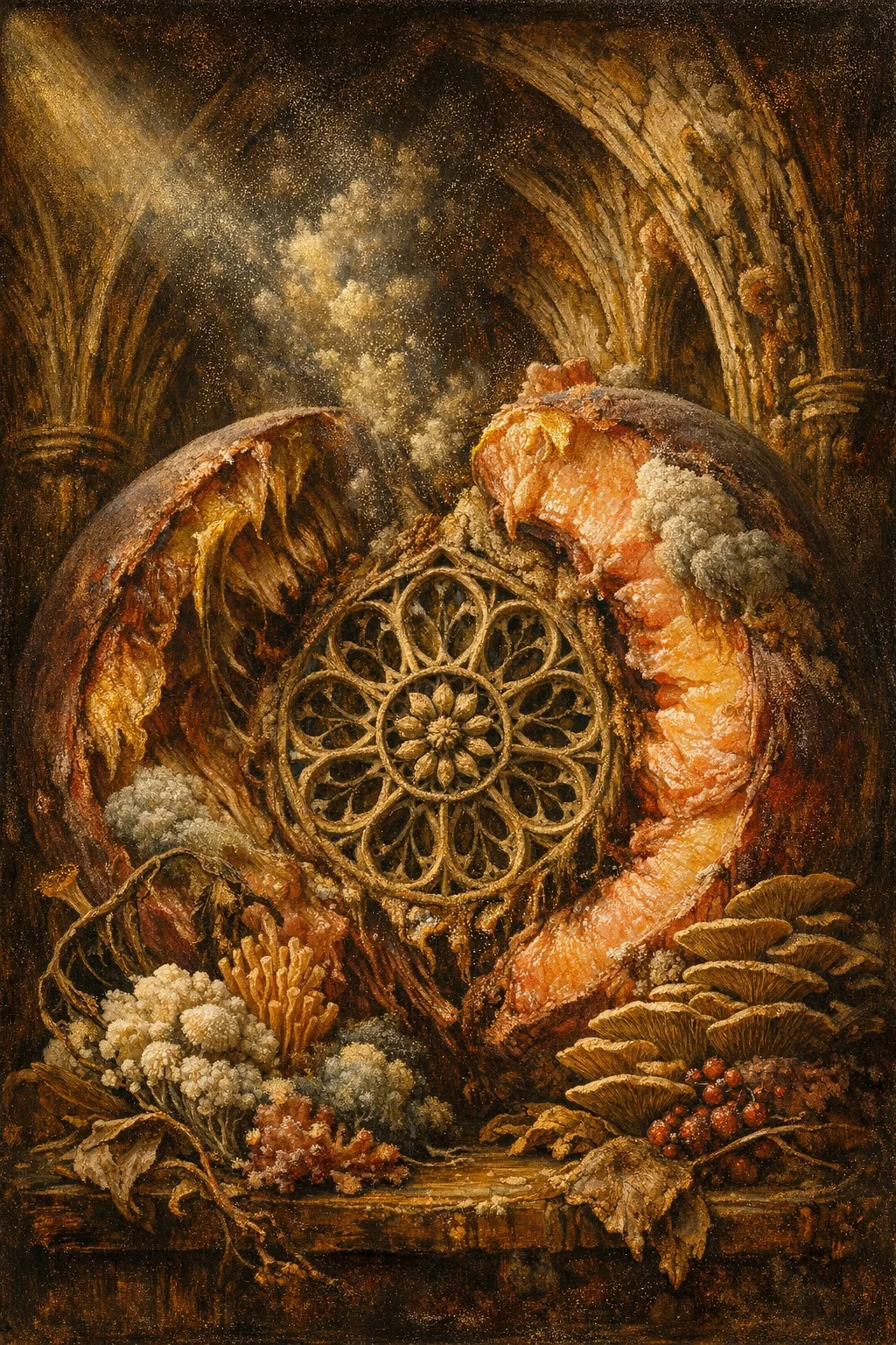 Peach Cathedral — Dutch Baroque still-life × mycology and decay