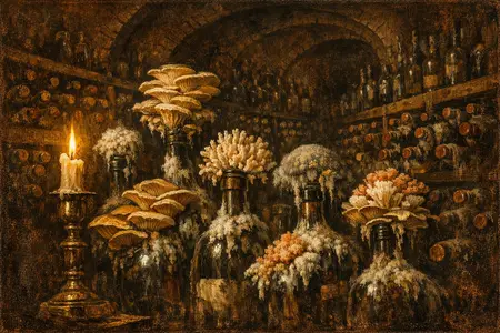 The Cellar Bloom — Dutch Baroque still-life × mycology and decay