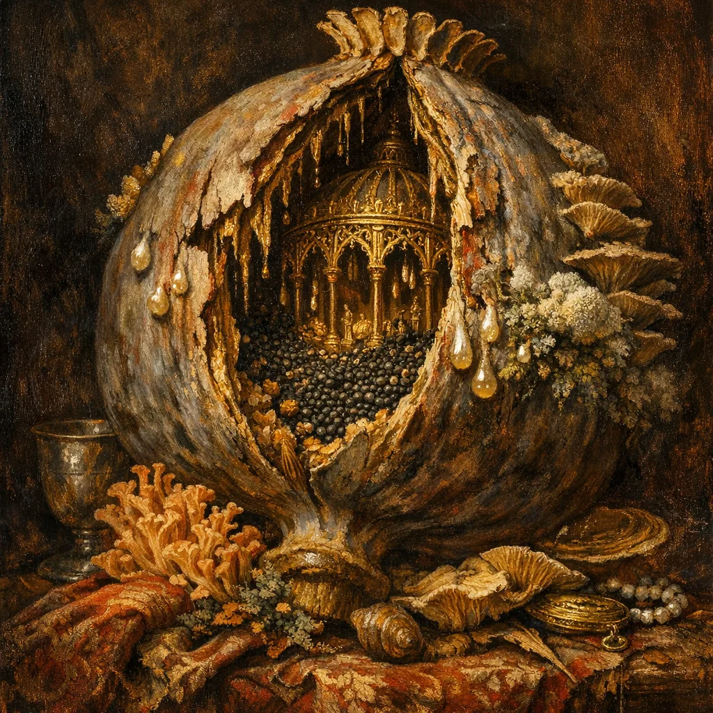 The Opium Pear — Dutch Baroque still-life × mycology and decay