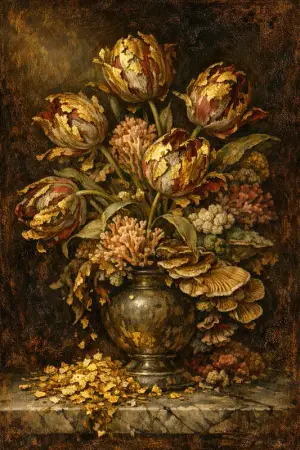 Tulip Mania — Dutch Baroque still-life × mycology and decay