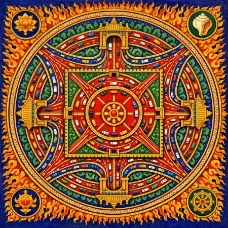 Four-Gate Junction — Tibetan thangka mandala × road and transit infrastructure