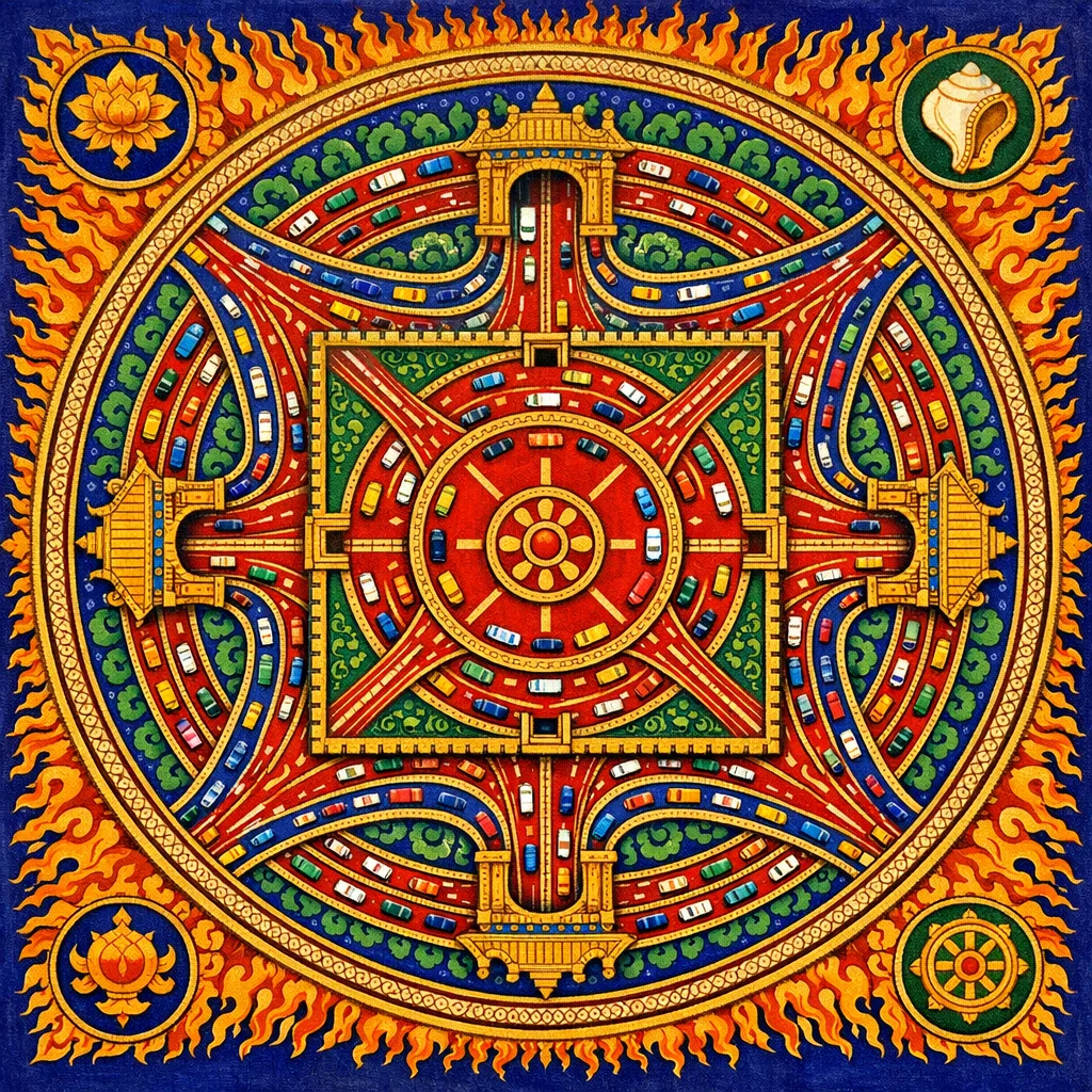 Four-Gate Junction — Tibetan thangka mandala × road and transit infrastructure