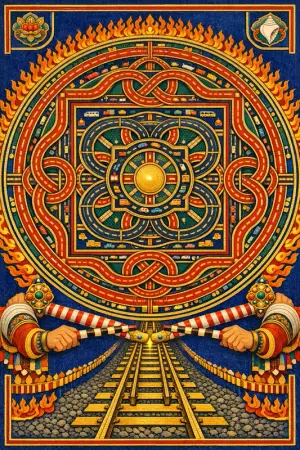 Level Crossing of the Guardians — Tibetan thangka mandala × road and transit infrastructure