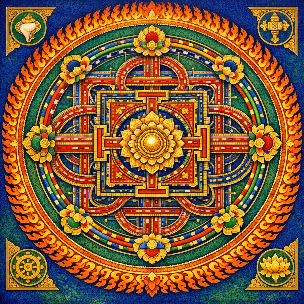 Metro Mandala — Tibetan thangka mandala × road and transit infrastructure
