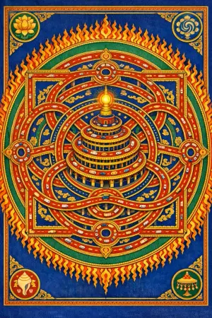 Parking Structure Stupa — Tibetan thangka mandala × road and transit infrastructure