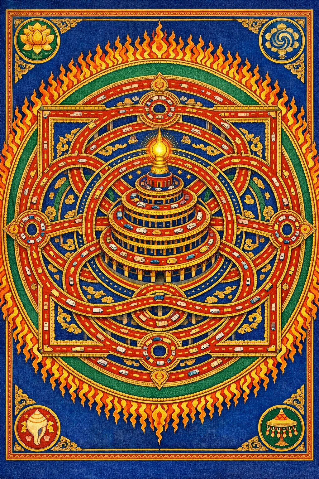 Parking Structure Stupa — Tibetan thangka mandala × road and transit infrastructure