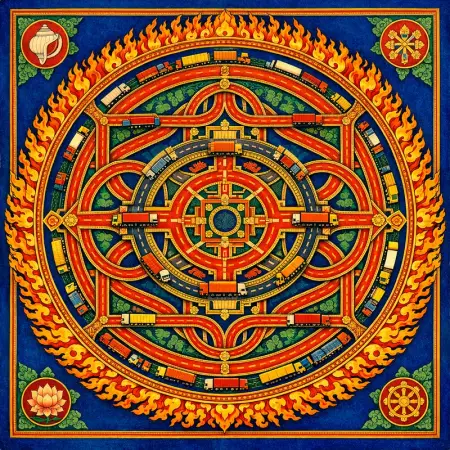 Roundabout of the Wrathful — Tibetan thangka mandala × road and transit infrastructure