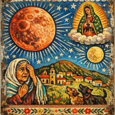 Thanks for the Second Moon — Mexican tin retablo folk painting × the cosmic sublime