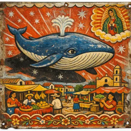 Thanks for the Whale in the Sky — Mexican tin retablo folk painting × the cosmic sublime