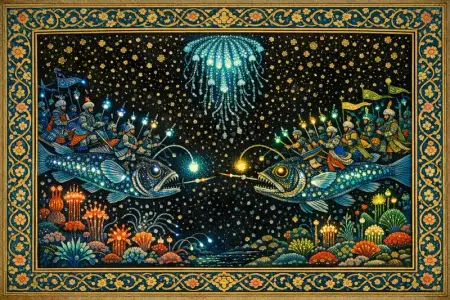 Battle of the Lanternfish — Persian and Mughal miniature painting × deep-sea bioluminescence