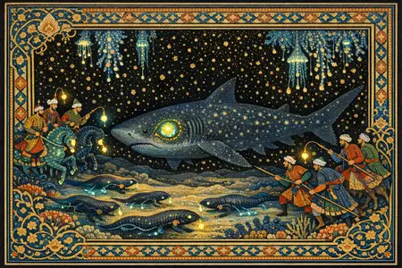 Hunt of the Sleeper Shark — Persian and Mughal miniature painting × deep-sea bioluminescence