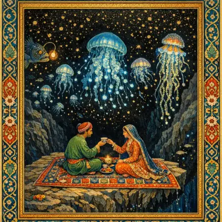 Lovers in the Trench — Persian and Mughal miniature painting × deep-sea bioluminescence