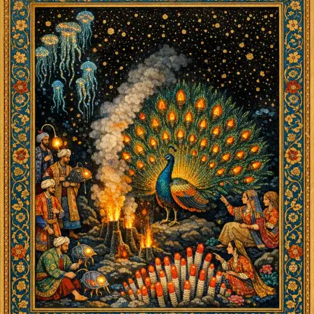 Peacock of the Vents — Persian and Mughal miniature painting × deep-sea bioluminescence