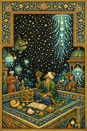 The Astronomer of Marine Snow — Persian and Mughal miniature painting × deep-sea bioluminescence