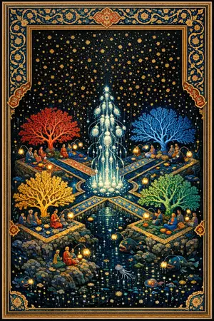The Seamount Garden — Persian and Mughal miniature painting × deep-sea bioluminescence