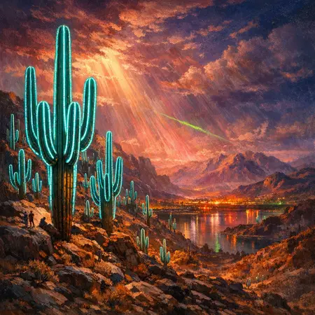 Cactus Forest Turquoise — Hudson River School sublime × synthetic neon light