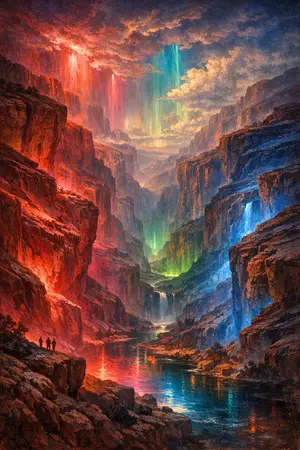 Canyon of the Open Sign — Hudson River School sublime × synthetic neon light