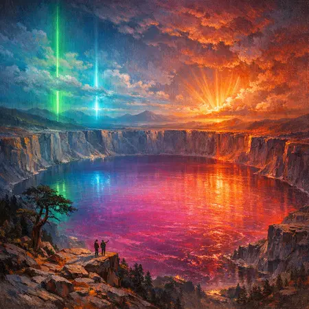 Crater Lake Magenta — Hudson River School sublime × synthetic neon light