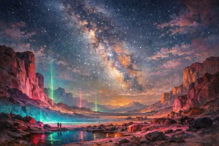 Desert Sublime — Hudson River School sublime × synthetic neon light