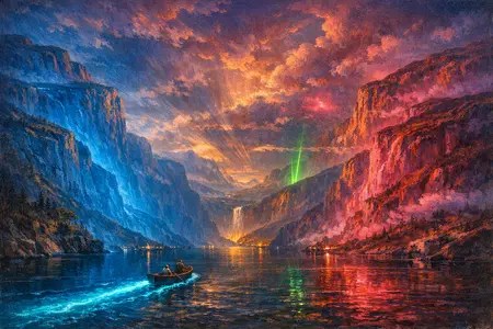 Fjord of Cold Screens — Hudson River School sublime × synthetic neon light