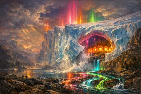 Glacier of Arcade Blue — Hudson River School sublime × synthetic neon light