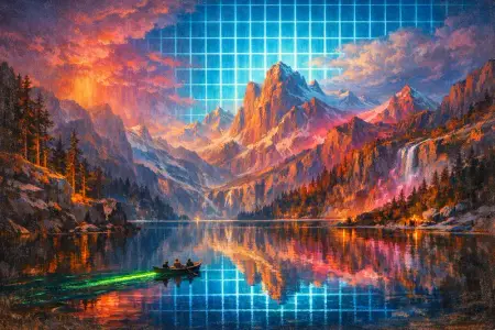 Lake of Mirrors — Hudson River School sublime × synthetic neon light