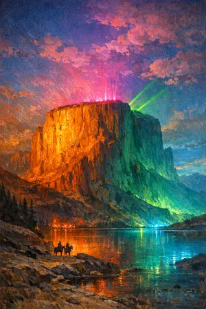 Mesa Under Sodium — Hudson River School sublime × synthetic neon light