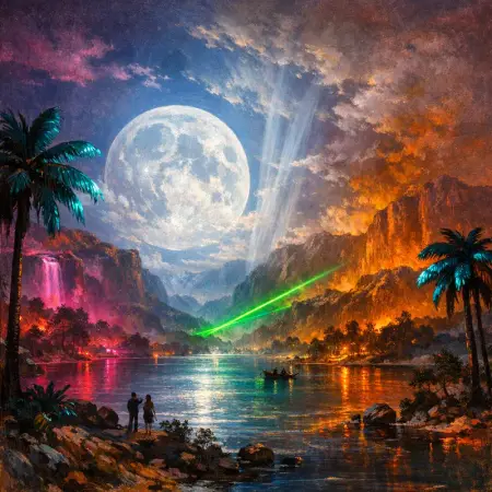 Moon Over Plastic Palms — Hudson River School sublime × synthetic neon light