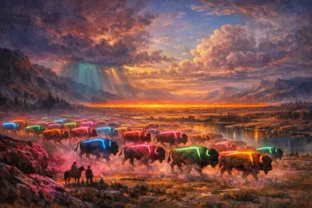 Neon Buffalo — Hudson River School sublime × synthetic neon light