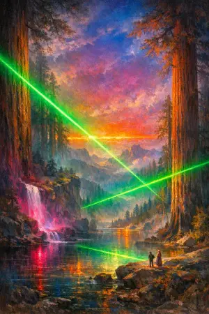Pine Cathedral — Hudson River School sublime × synthetic neon light