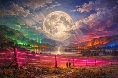 Prairie Moon and Wire — Hudson River School sublime × synthetic neon light