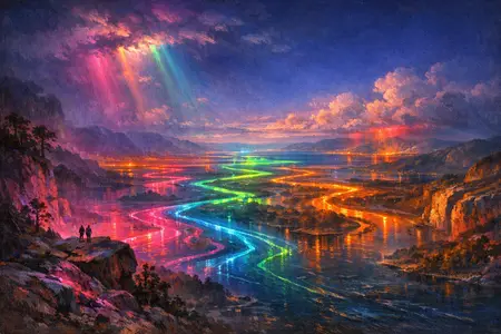 River Delta at Night — Hudson River School sublime × synthetic neon light