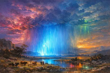 Storm Over a Lit Plain — Hudson River School sublime × synthetic neon light