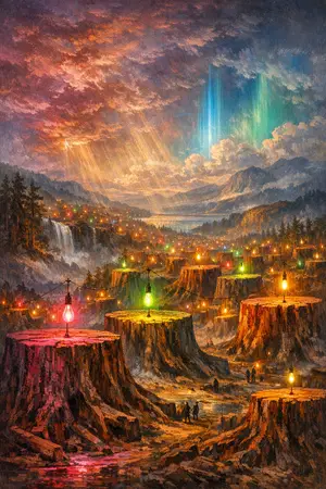 Stumps and Bulbs — Hudson River School sublime × synthetic neon light
