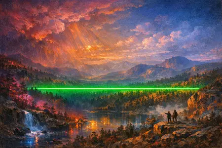The Laser Treeline — Hudson River School sublime × synthetic neon light