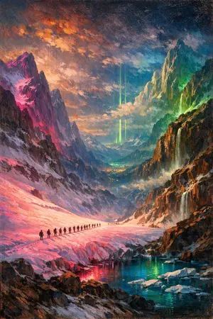 The Pink Mountain Pass — Hudson River School sublime × synthetic neon light