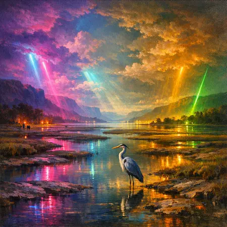 The Saltmarsh Flicker — Hudson River School sublime × synthetic neon light