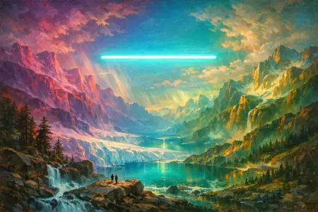 Valley of the Cold Sun — Hudson River School sublime × synthetic neon light