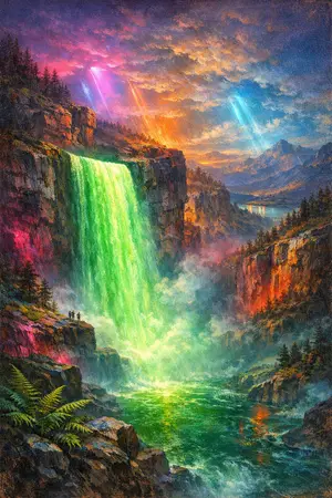 Waterfall of Green Light — Hudson River School sublime × synthetic neon light