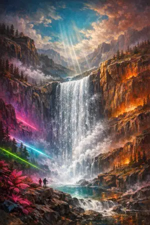 Waterfall of Static — Hudson River School sublime × synthetic neon light