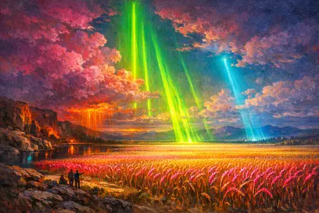 Wheatfield After Dusk — Hudson River School sublime × synthetic neon light